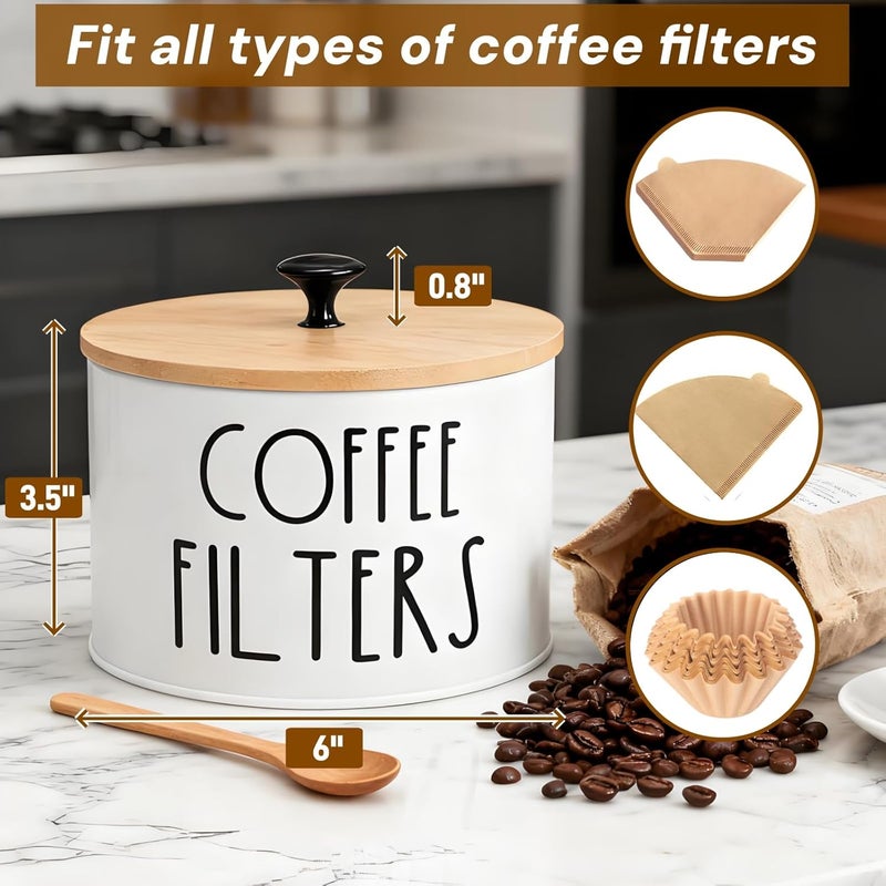Acshio Coffee Filter Holder with Lid, Metal Round Coffee Filters Storage Container, White Large Coffees Pod Organizer Basket Coffees Bar Decor Accessories for Counter, Farmhouse - Image 2